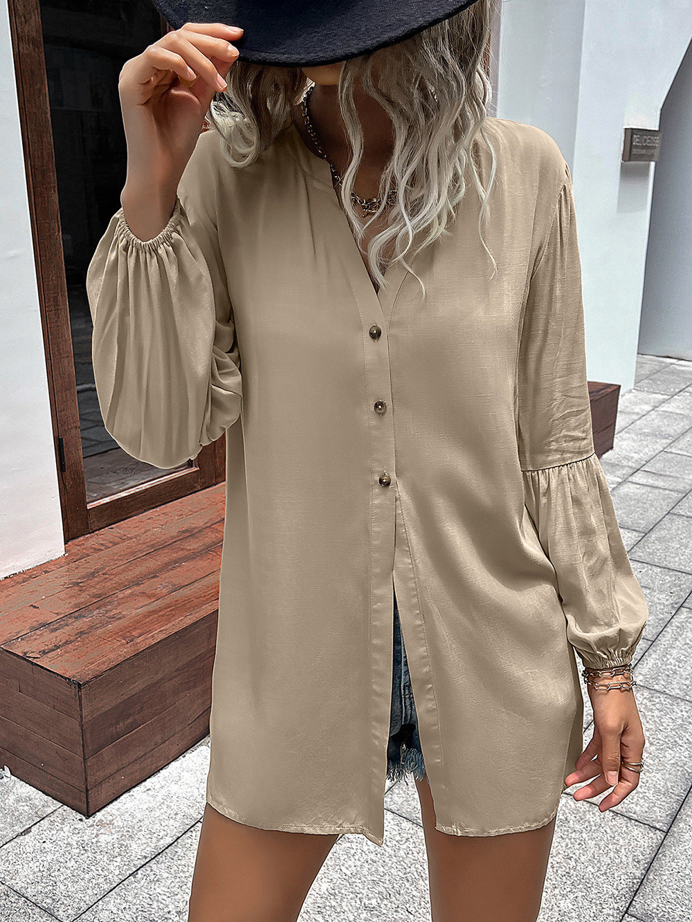 Ivy Lane Notched Neck Balloon Sleeve Shirt - The Goddess Galleries