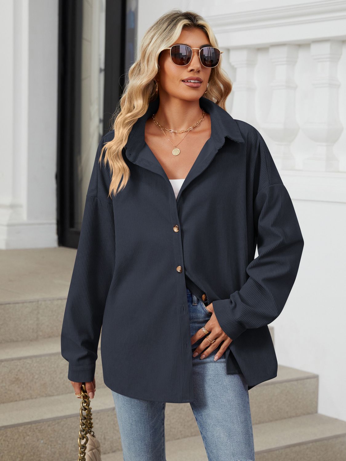 Collared Neck Long Sleeve Dropped Shoulder Shirt - The Goddess Galleries