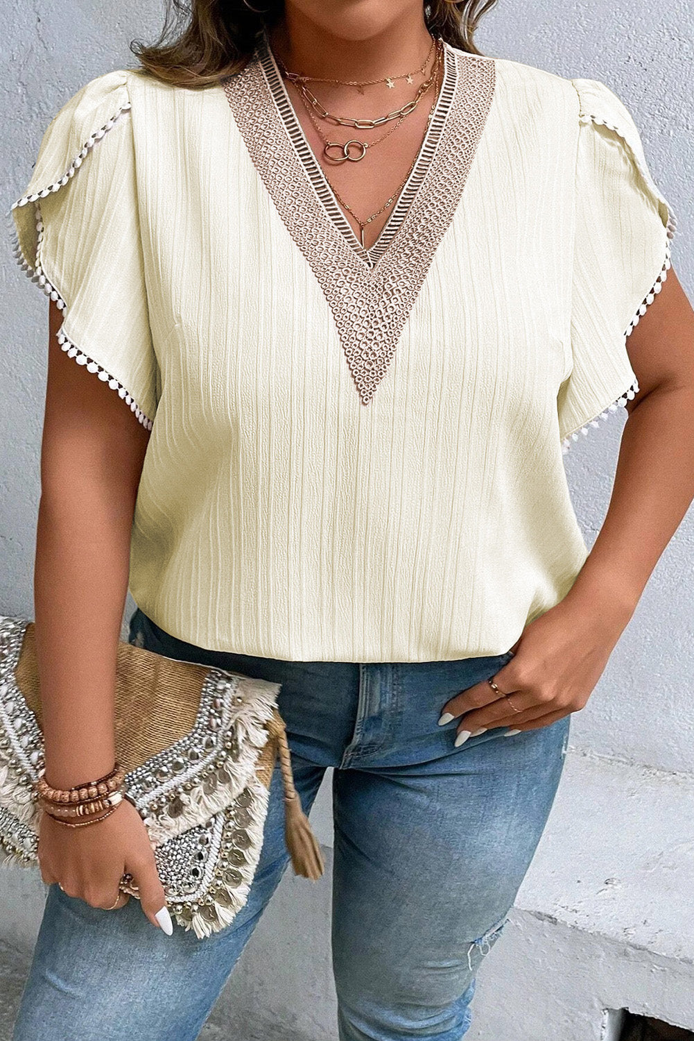 Plus Size V-Neck Petal Sleeve Blouse - The Goddess Galleries