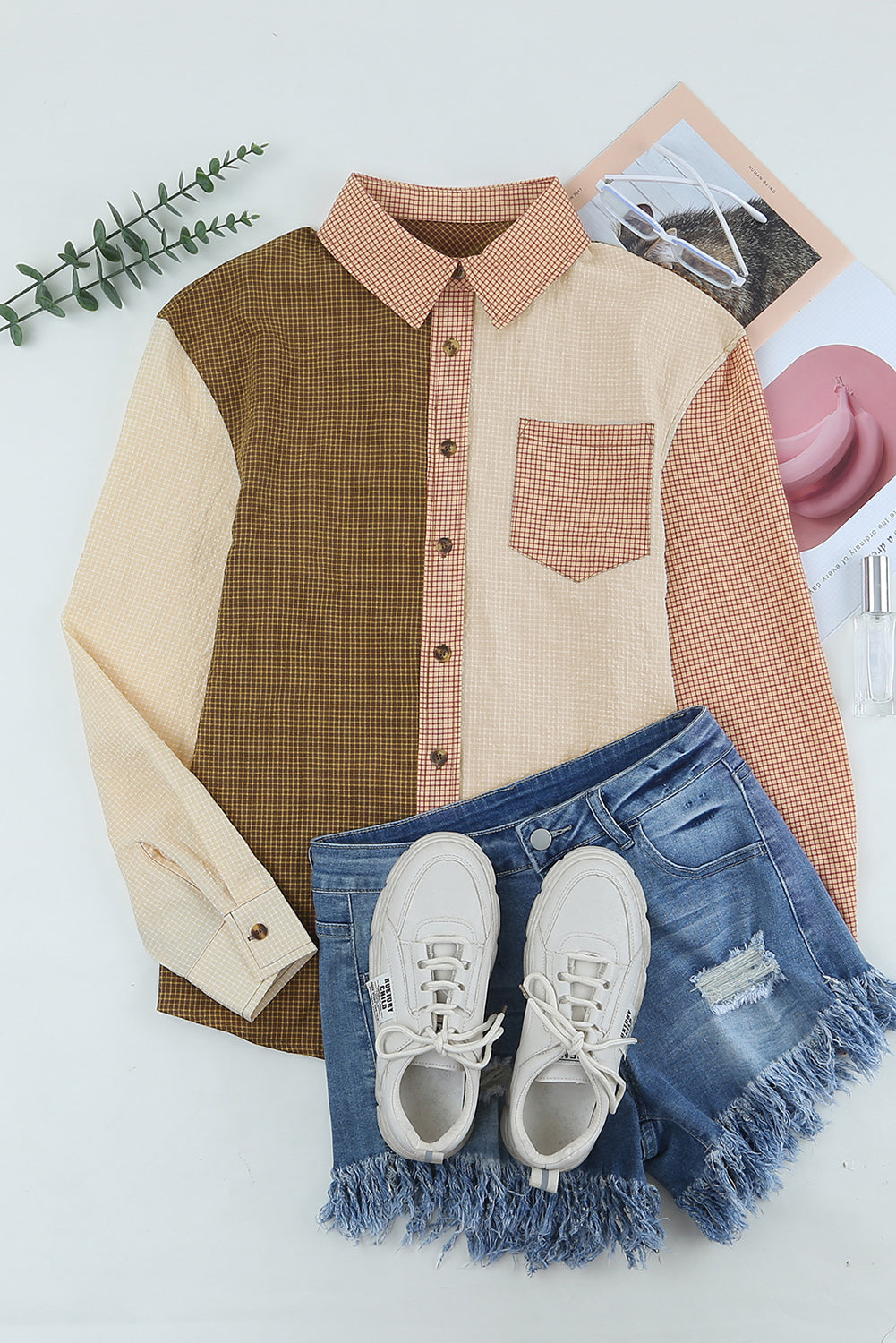 Contrast Plaid Button Down Long Sleeve Shirt - The Goddess Galleries