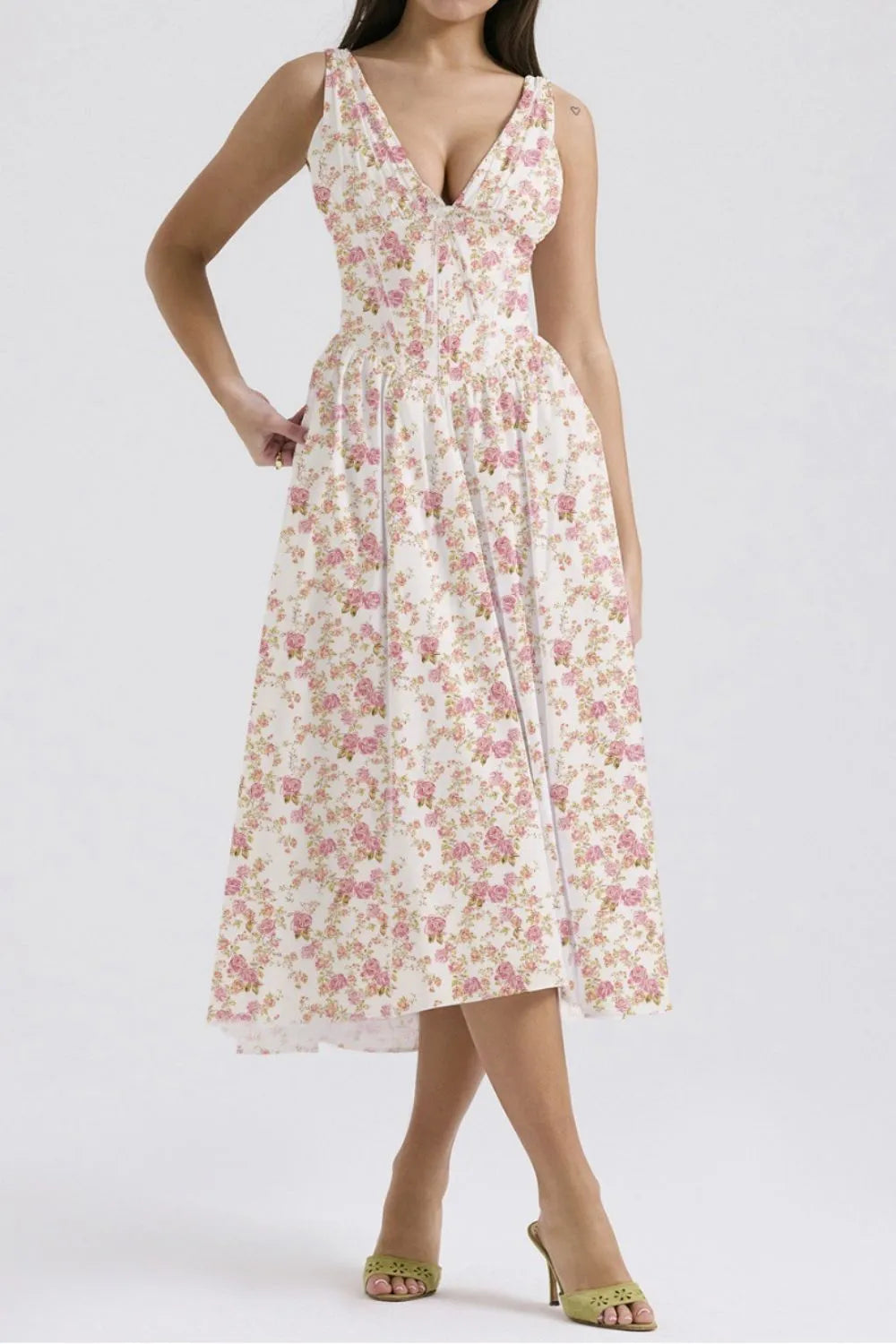 Floral V-Neck Sleeveless Midi Dress with Pockets - The Goddess Galleries