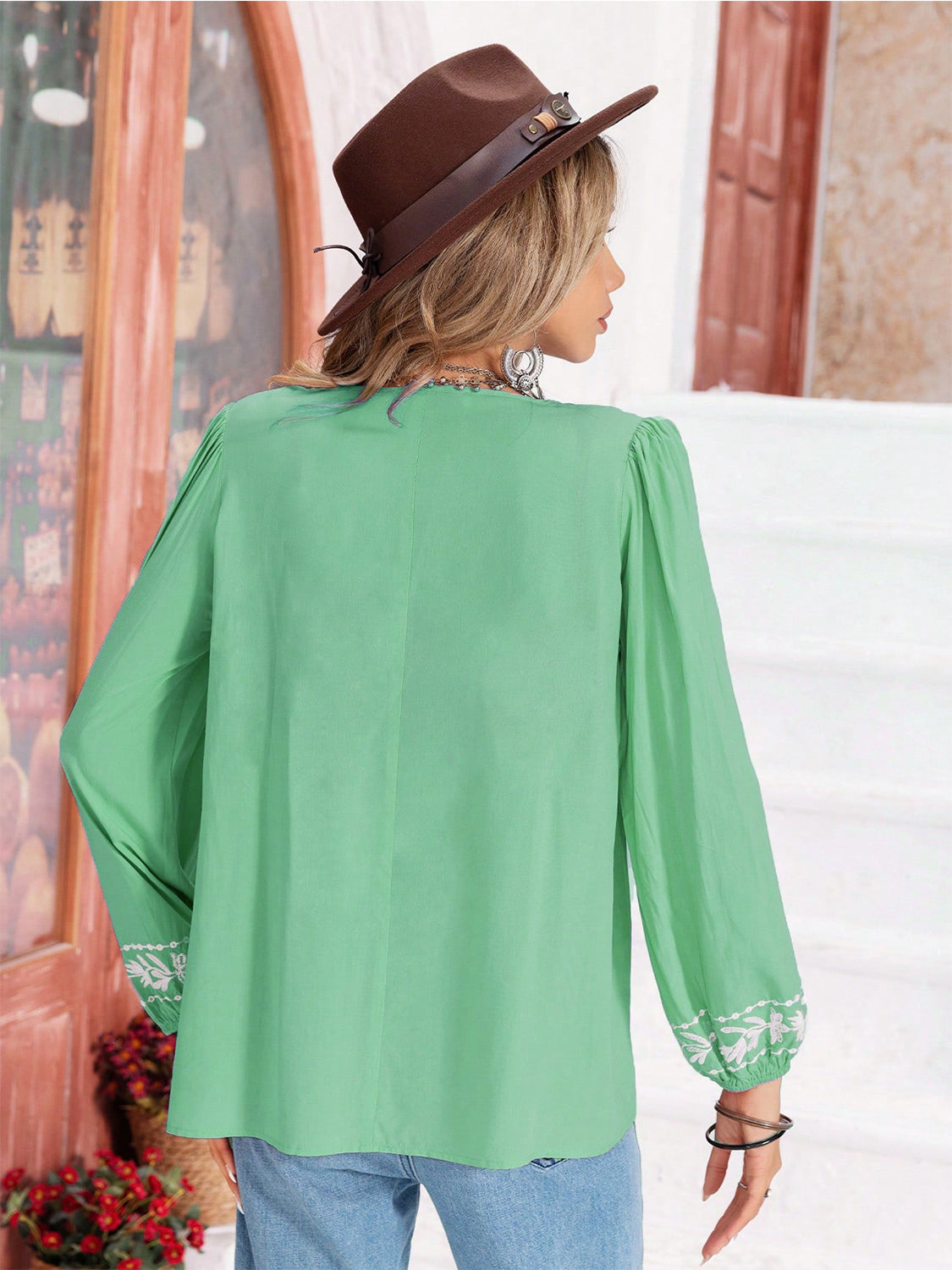 Floral Tie Neck Balloon Sleeve Blouse - The Goddess Galleries