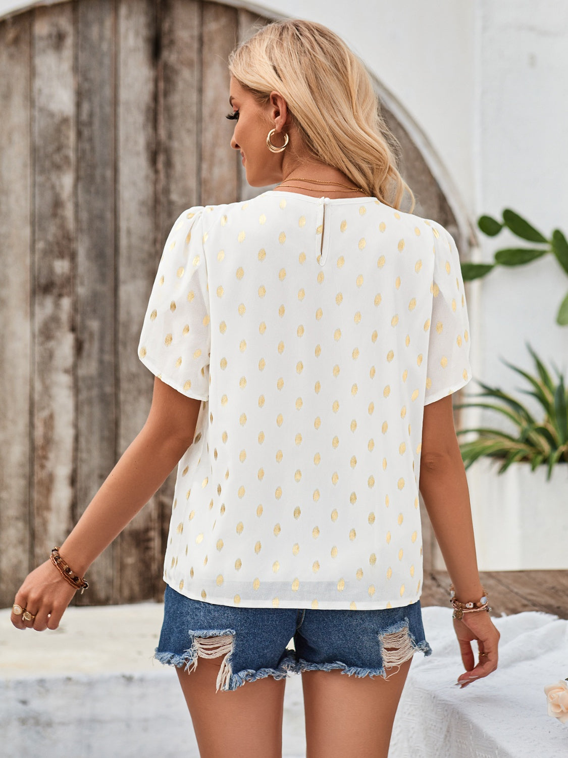 Printed Round Neck Petal Sleeve Blouse - The Goddess Galleries
