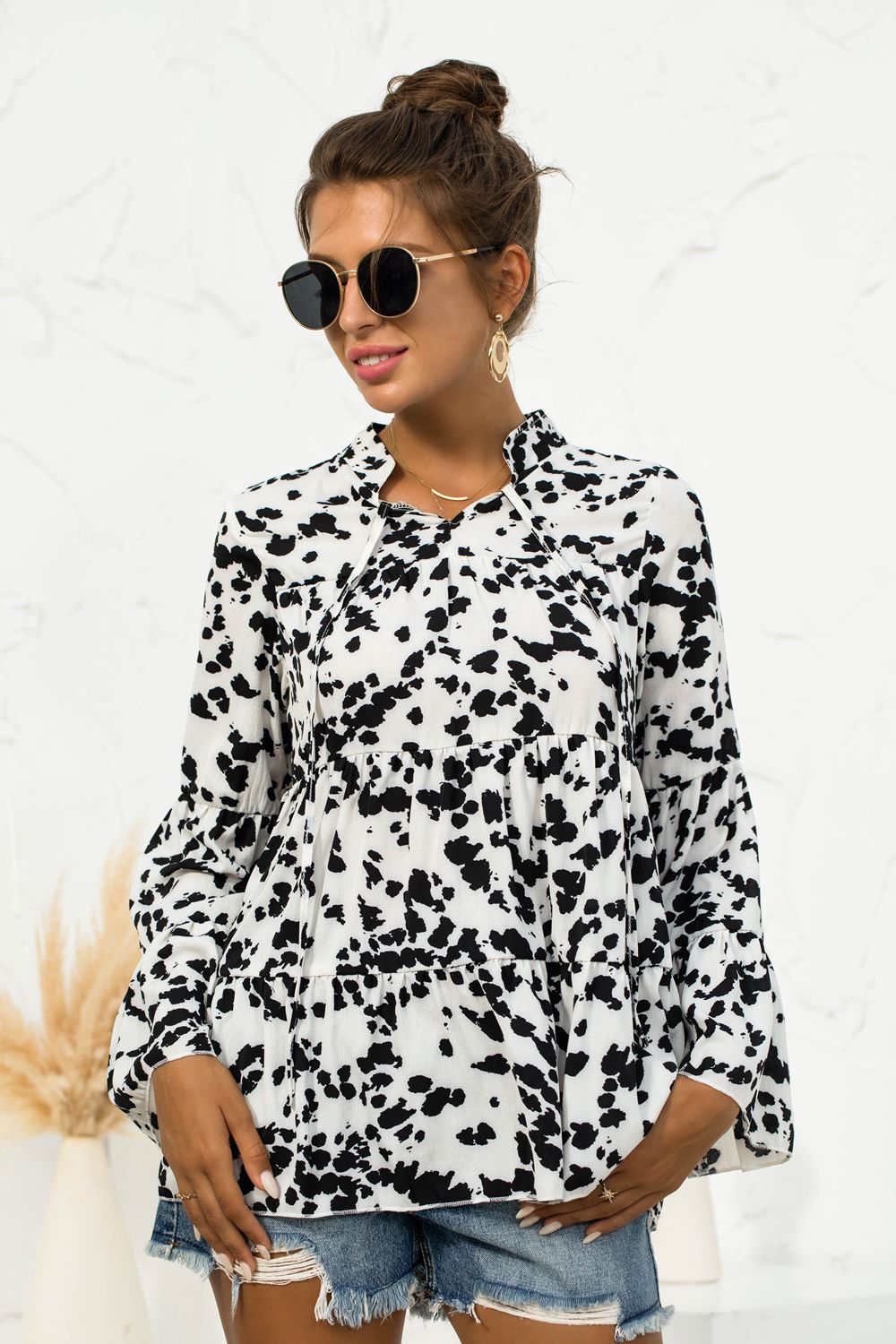 Printed Flare Sleeve Tie Neck Ruffle Trim Blouse - The Goddess Galleries