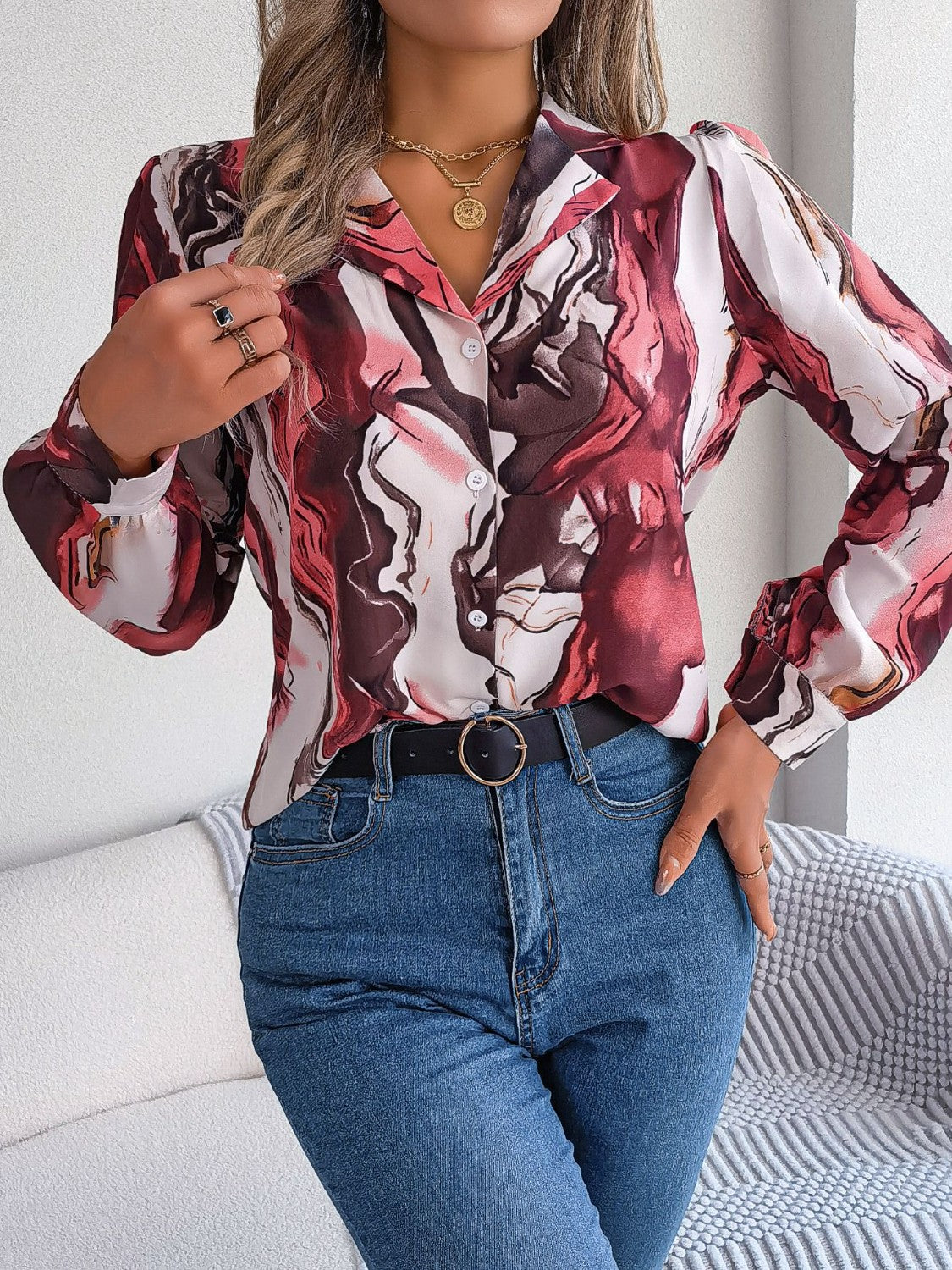 Printed Button Up Long Sleeve Shirt - The Goddess Galleries