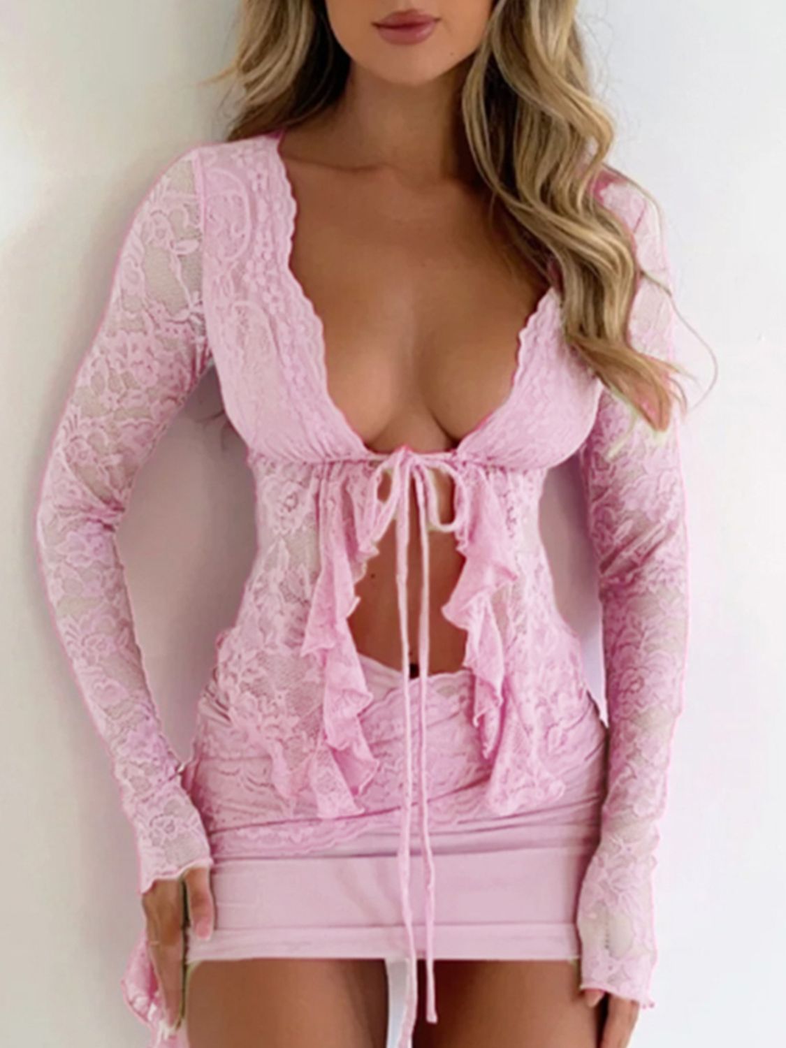Devine Tied Front Ruffled Long Sleeve Lace Shirt - The Goddess Galleries