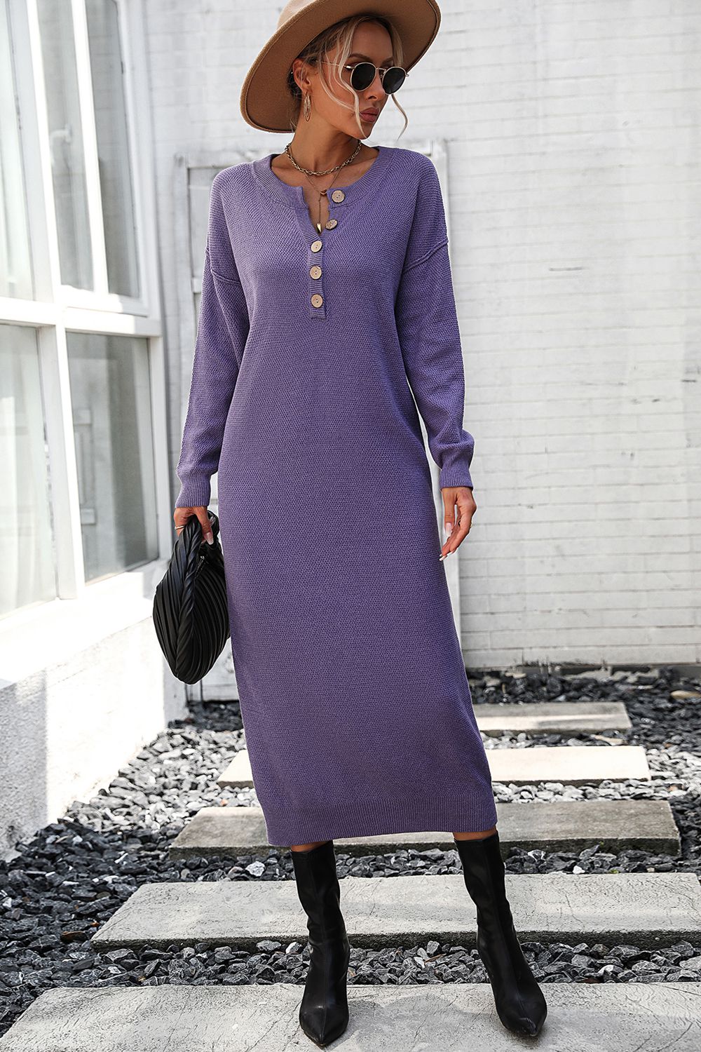 Decorative Button Notched Dropped Shoulder Sweater Dress - The Goddess Galleries