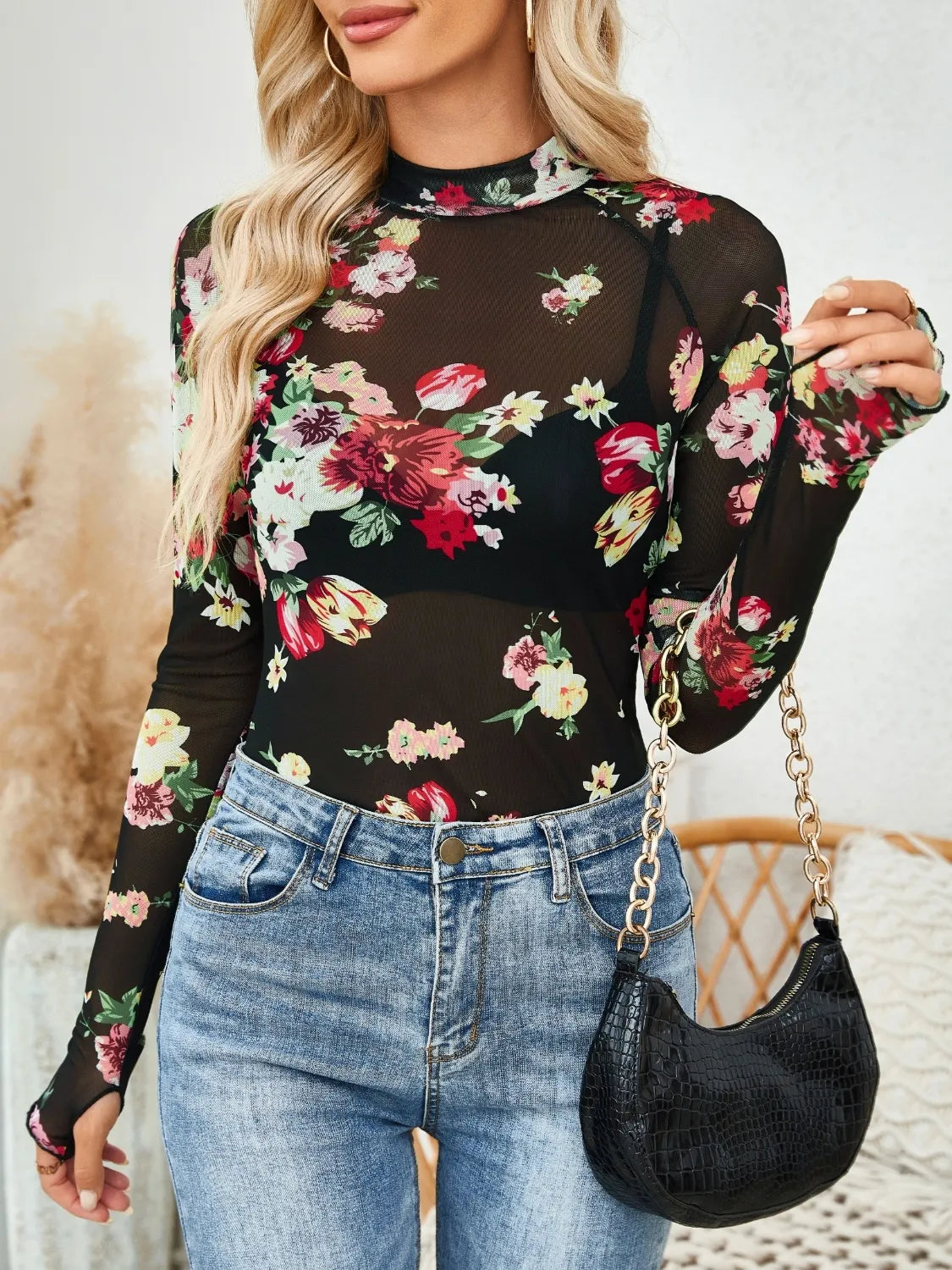 Floral Mock Neck Long Sleeve Top - The Goddess Galleries