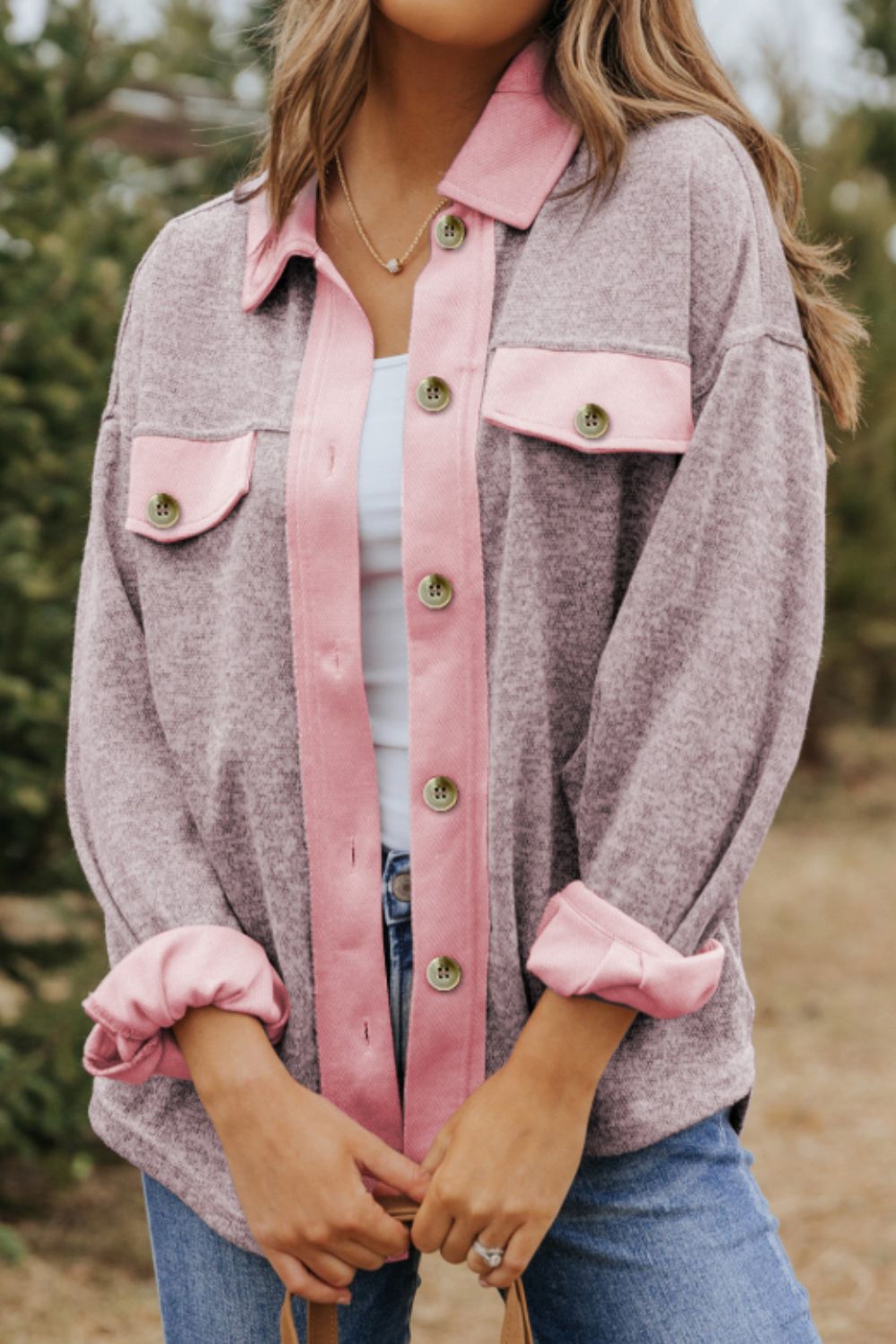 Contrast Trim Button Up Shacket - The Goddess Galleries