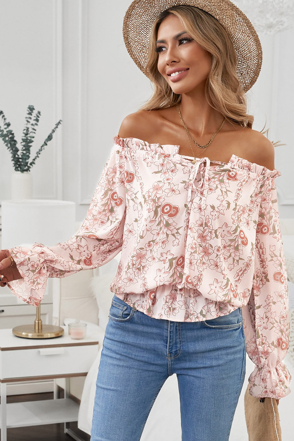 Floral Flounce Sleeve Frilled Off-Shoulder Blouse - The Goddess Galleries
