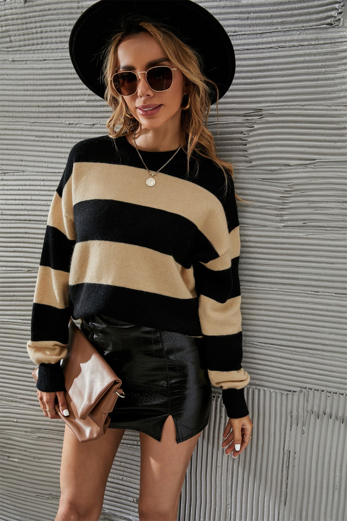 Angel Wings Two-Tone Round Neck Dropped Shoulder Sweater - The Goddess Galleries