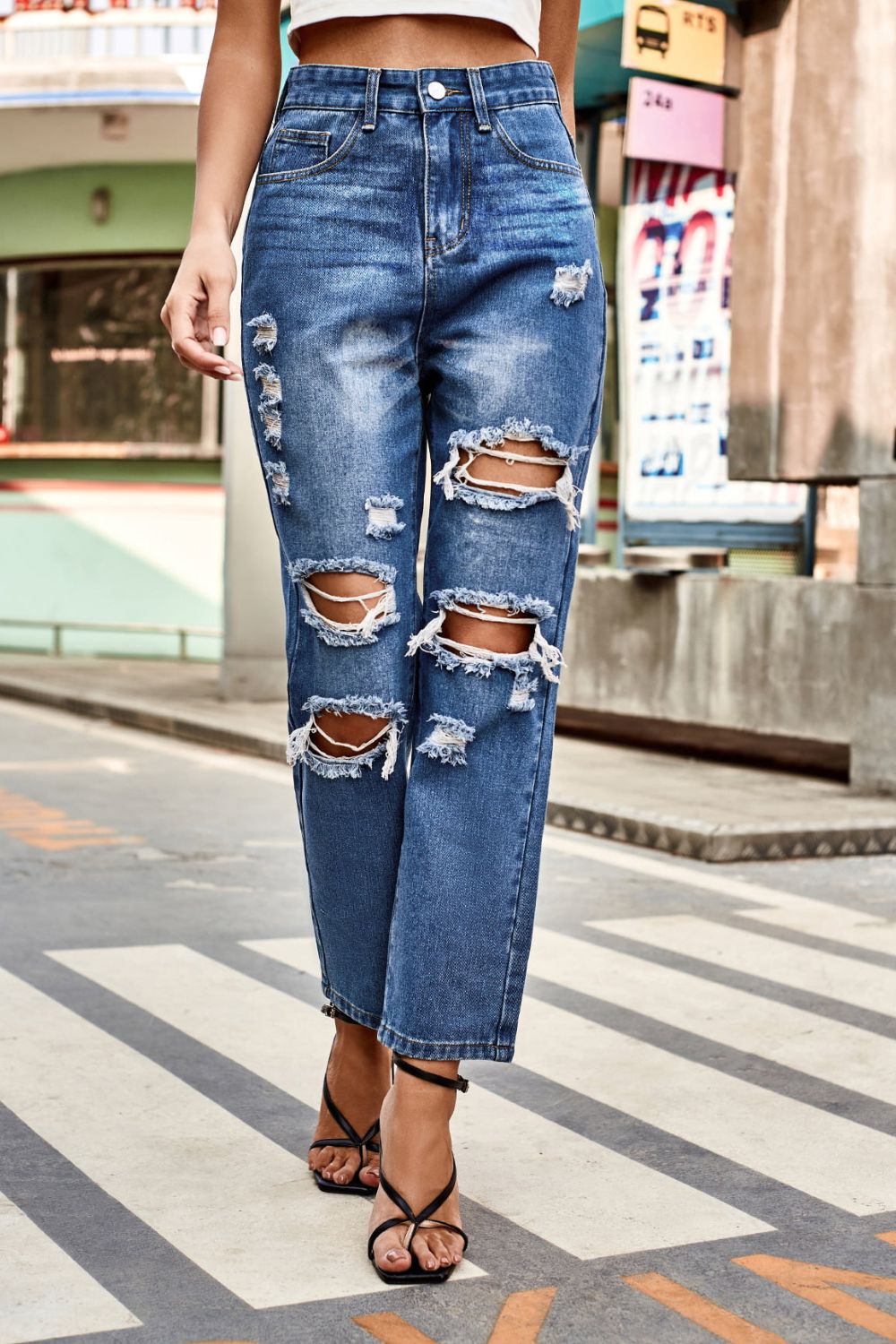 Distressed High Waist Straight Jeans - The Goddess Galleries