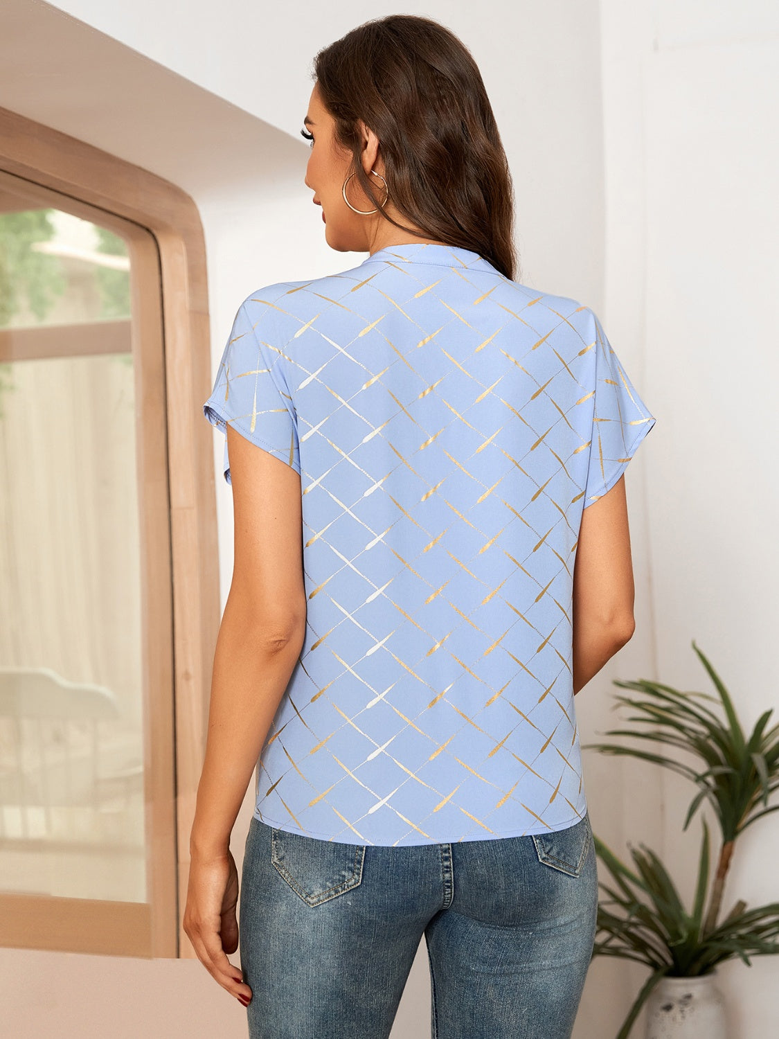 Printed Notched Short Sleeve Blouse - The Goddess Galleries
