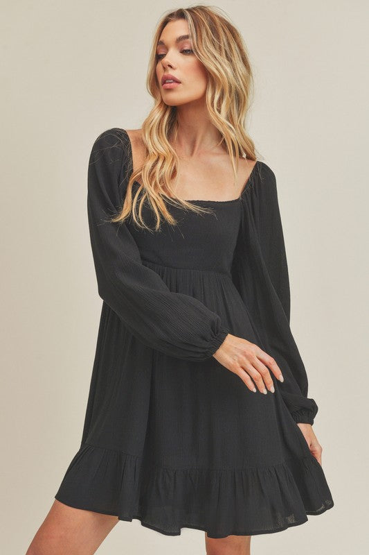 Aemi + Co Ruffled Hem Square Neck Balloon Sleeve Mini Dress - The Goddess Galleries
