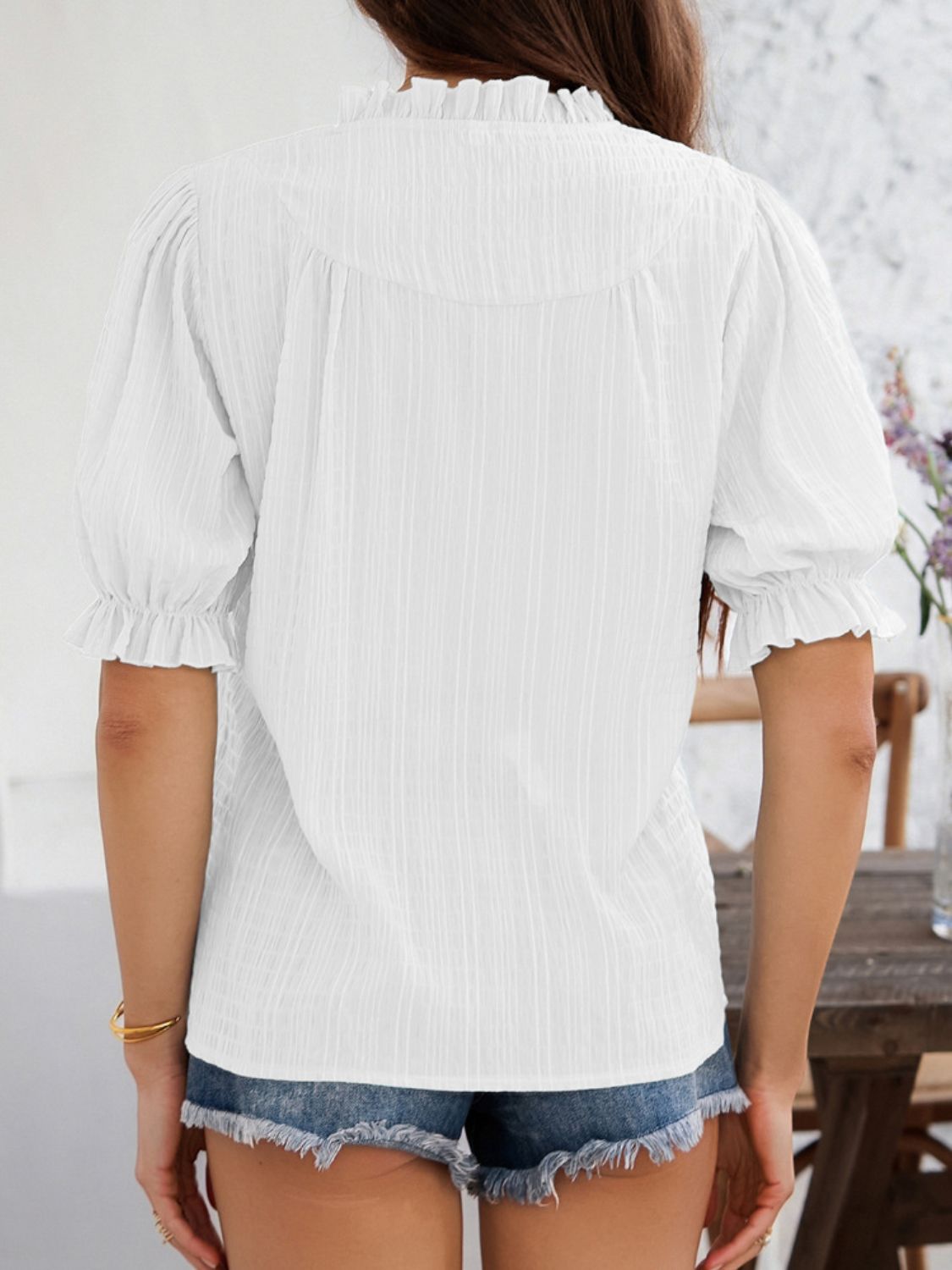 Devine Frill Notched Short Sleeve Blouse - The Goddess Galleries
