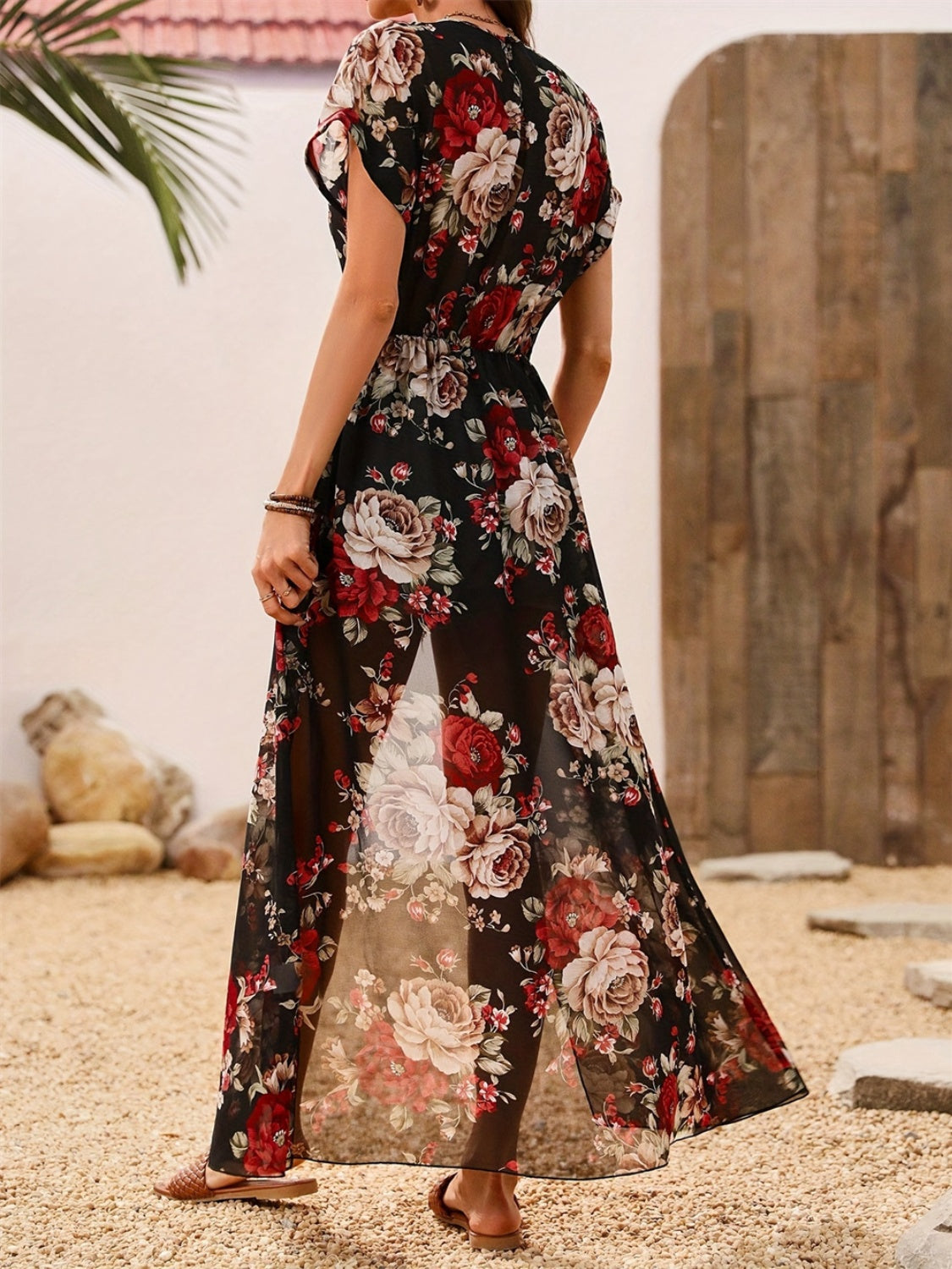 Slit Rose Printed Round Neck Short Sleeve Blouse - The Goddess Galleries