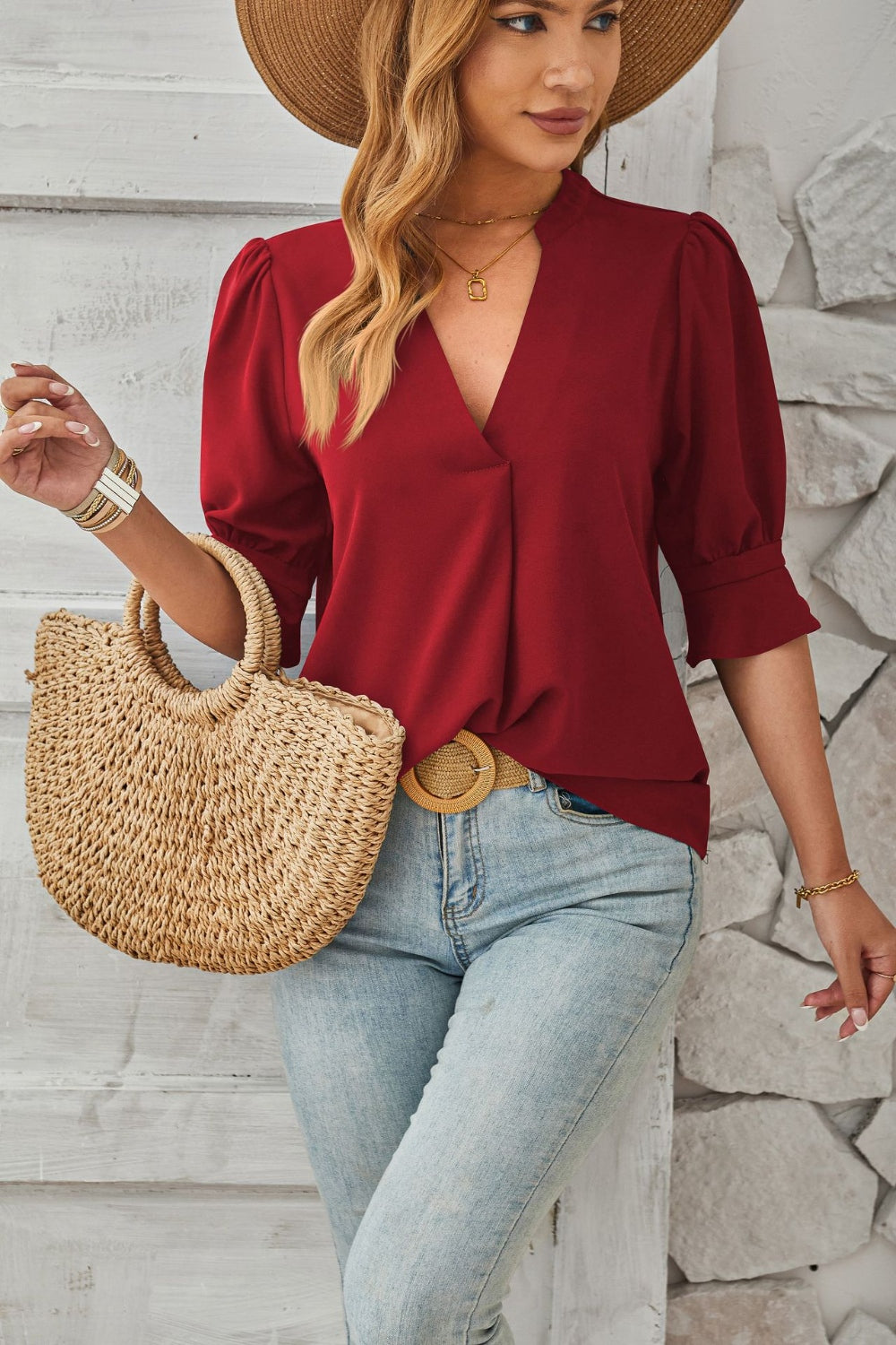 Notched Half Sleeve Blouse - The Goddess Galleries
