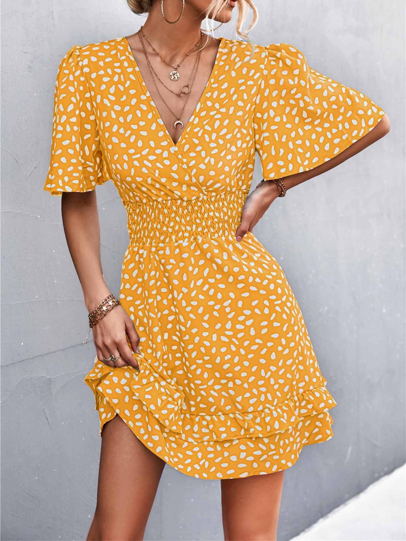 Printed Smocked Waist Layered Surplice Dress - The Goddess Galleries