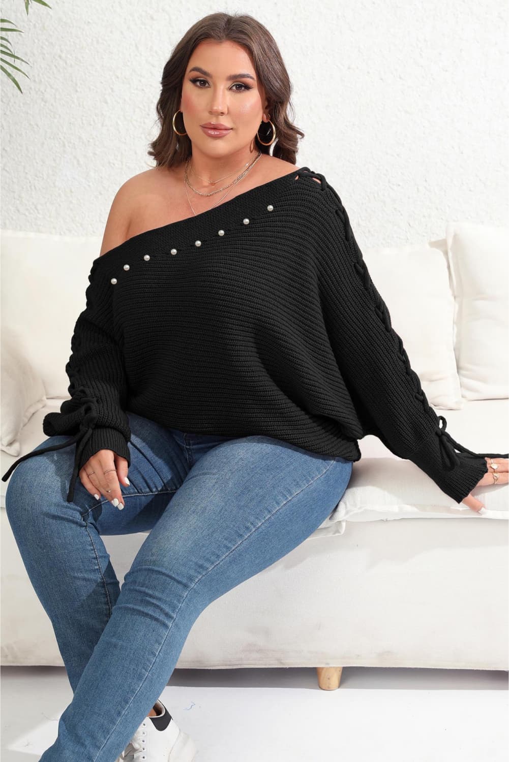 Plus Size One Shoulder Beaded Sweater - The Goddess Galleries