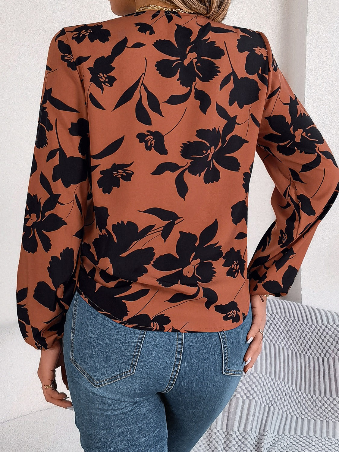 Printed V-Neck Long Sleeve Blouse - The Goddess Galleries