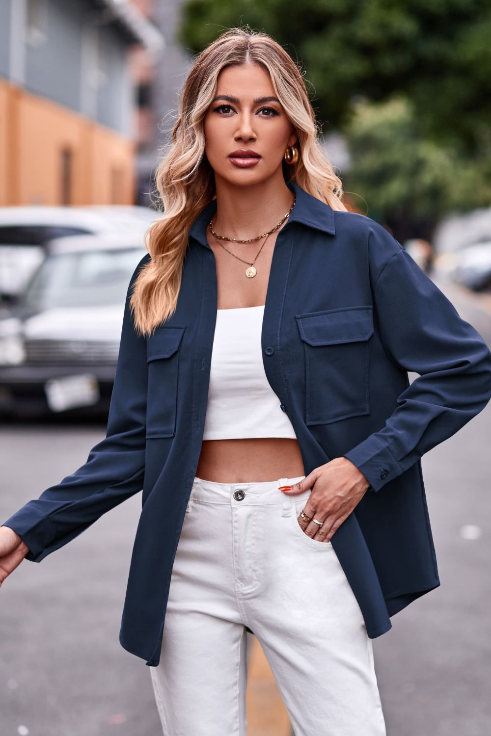 Dropped Shoulder Longline Shirt with Pockets - The Goddess Galleries