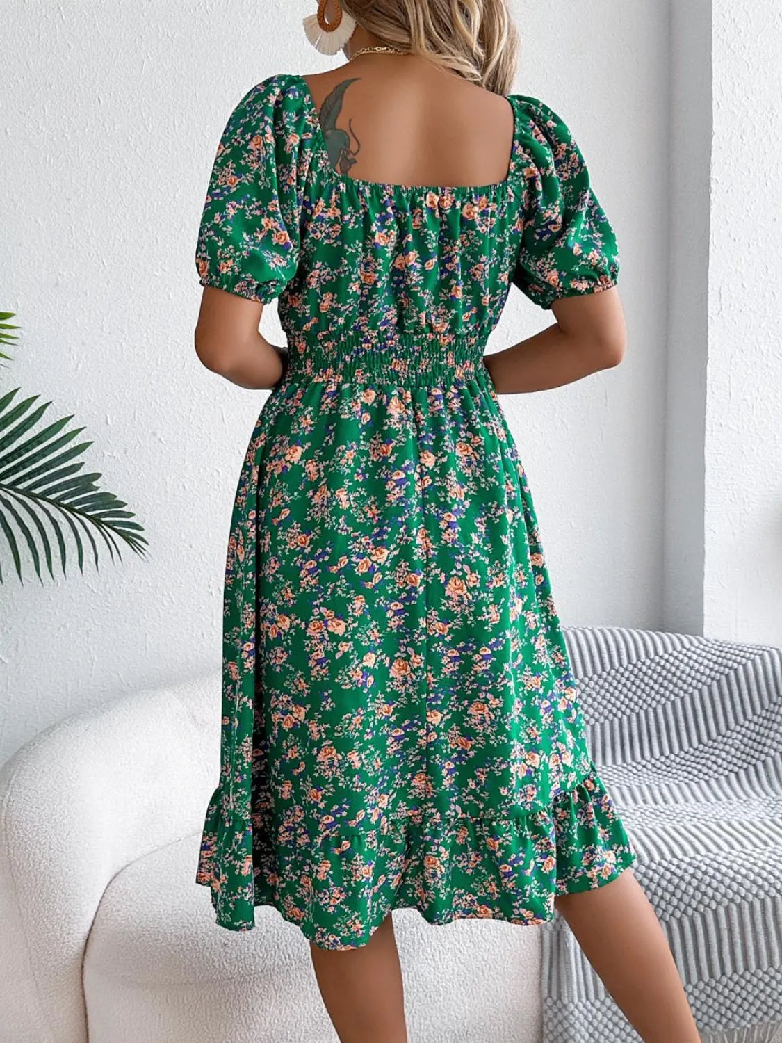 Ruffled Hem Floral Puff Sleeve Dress - The Goddess Galleries
