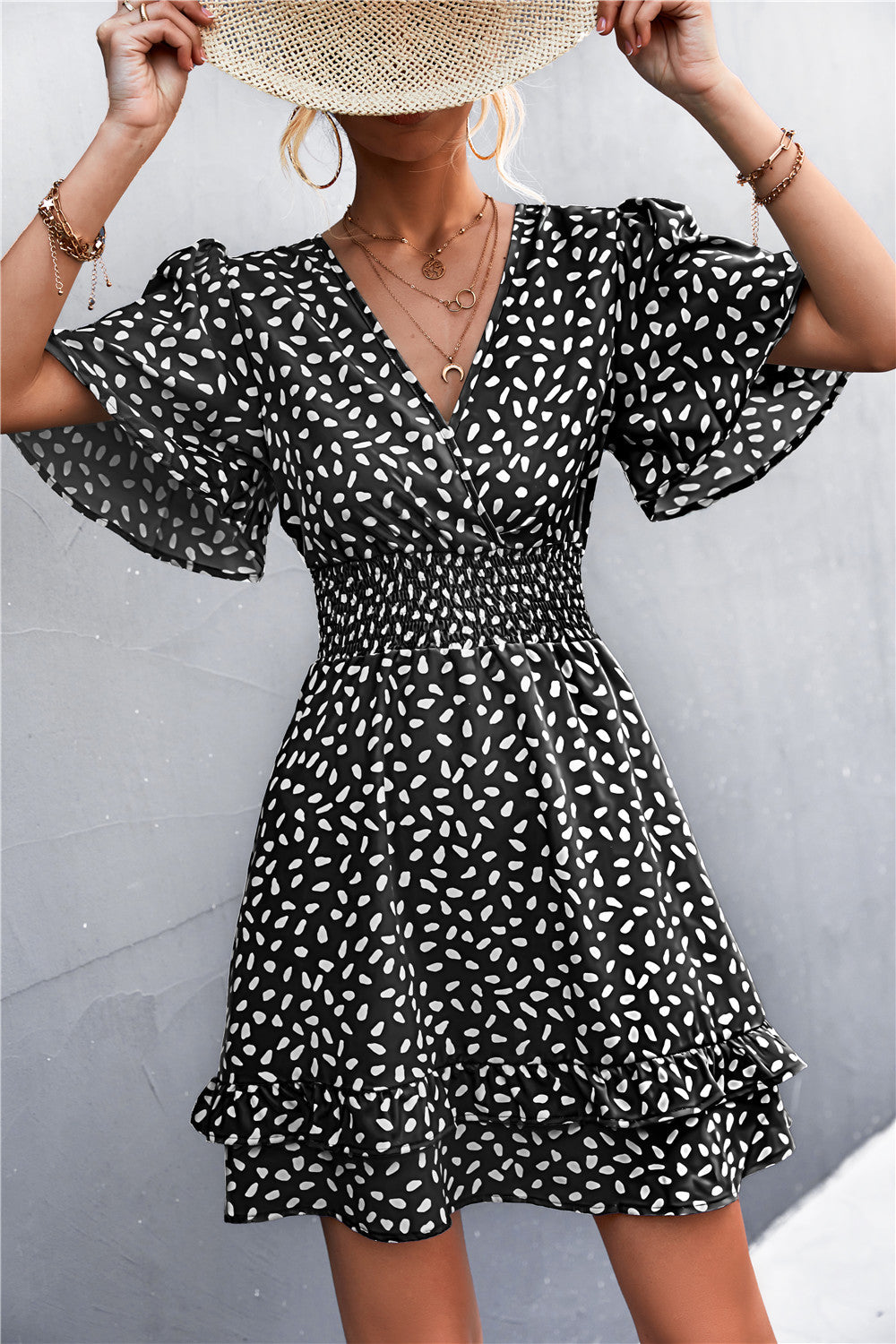 Printed Smocked Waist Layered Surplice Dress - The Goddess Galleries