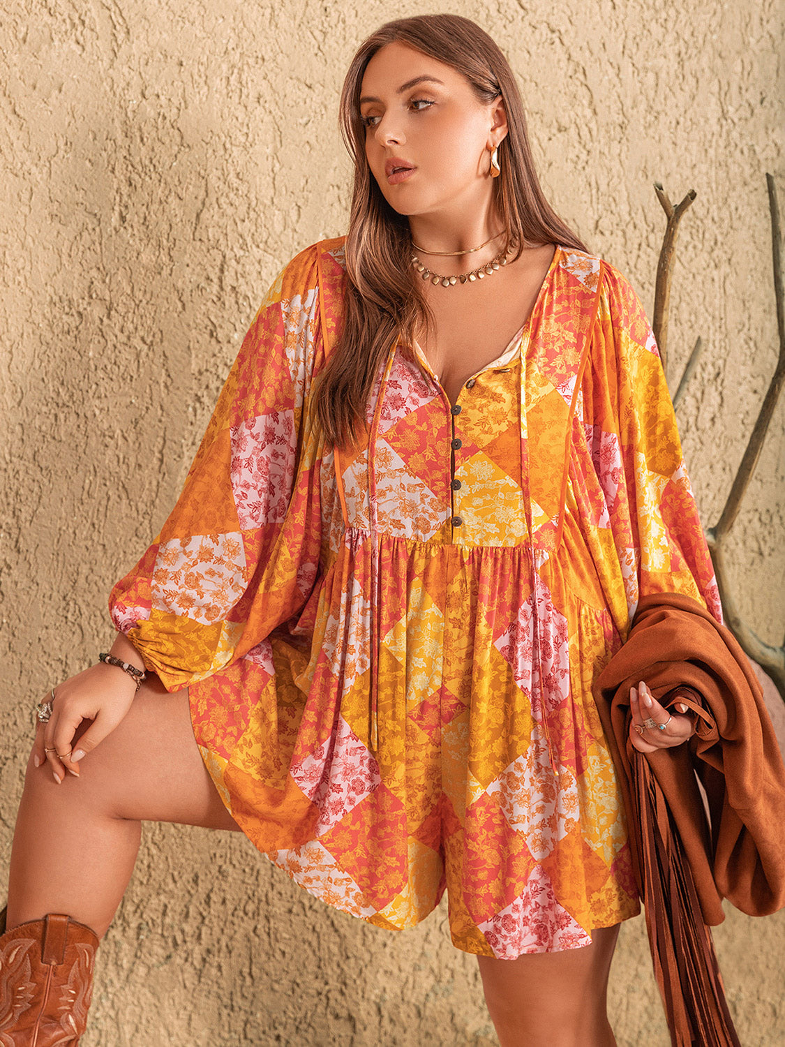 Plus Size Floral Tie Neck Balloon Sleeve Romper - The Goddess Galleries