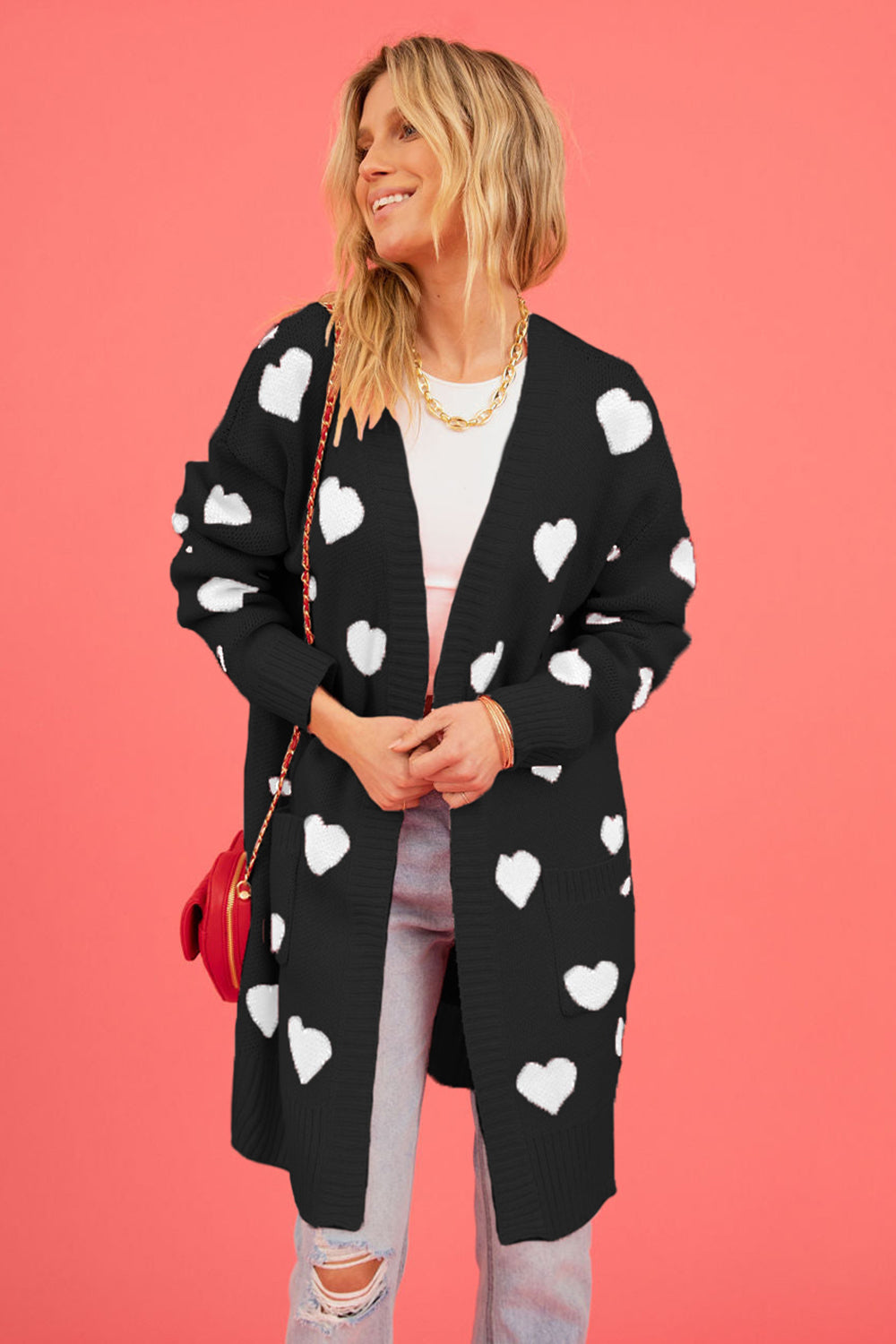 Heart Graphic Open Front Cardigan with Pockets - The Goddess Galleries