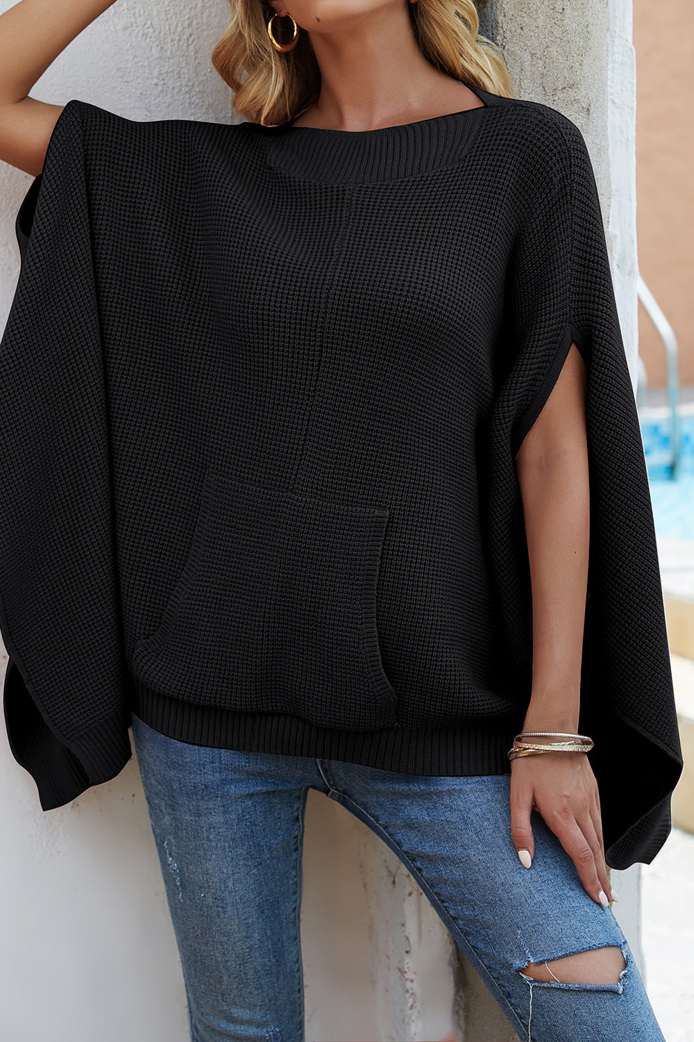 Waffle-Knit Pocketed Cape Sleeve Sweater - The Goddess Galleries
