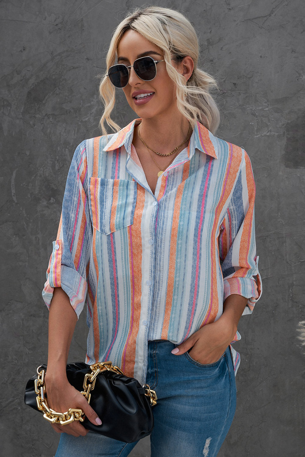Striped Button-Up Curved Hem Shirt with Breast Pocket - The Goddess Galleries