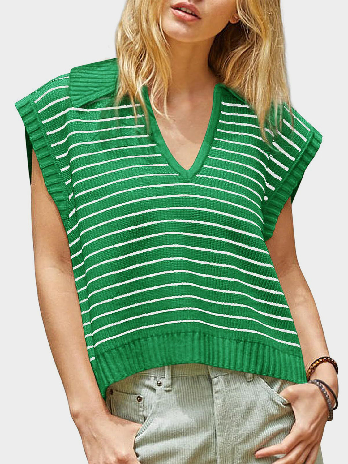 Mandy Collared Neck Striped Sweater Vest - The Goddess Galleries