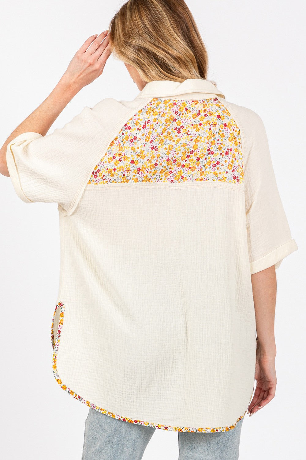 SAGE + FIG Full Size Floral Detail Button Up Short Sleeve Shirt - The Goddess Galleries