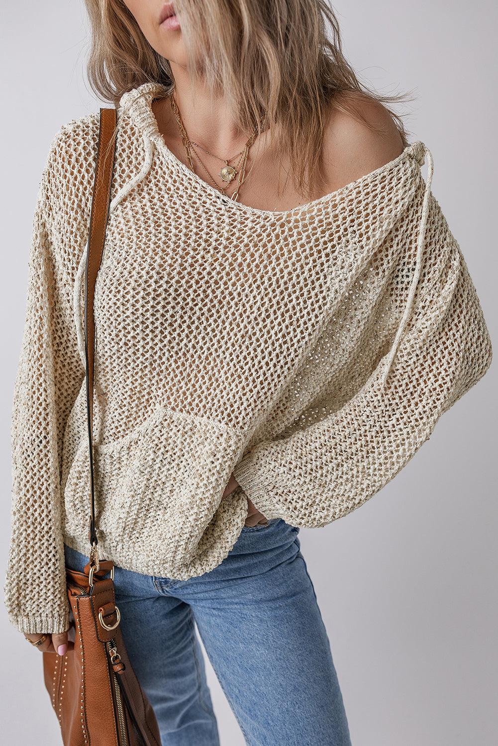 Openwork Dropped Shoulder Hooded Knit Top - The Goddess Galleries