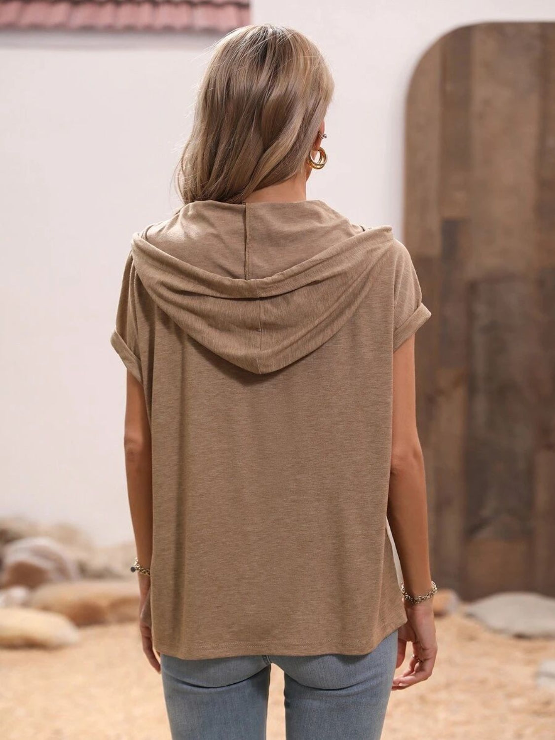 Half Button Hooded Short Sleeve Blouse - The Goddess Galleries