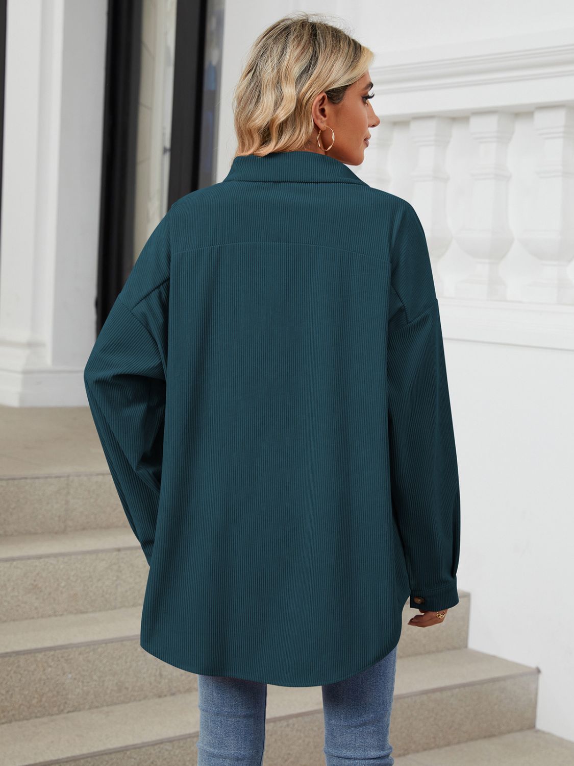 Collared Neck Long Sleeve Dropped Shoulder Shirt - The Goddess Galleries