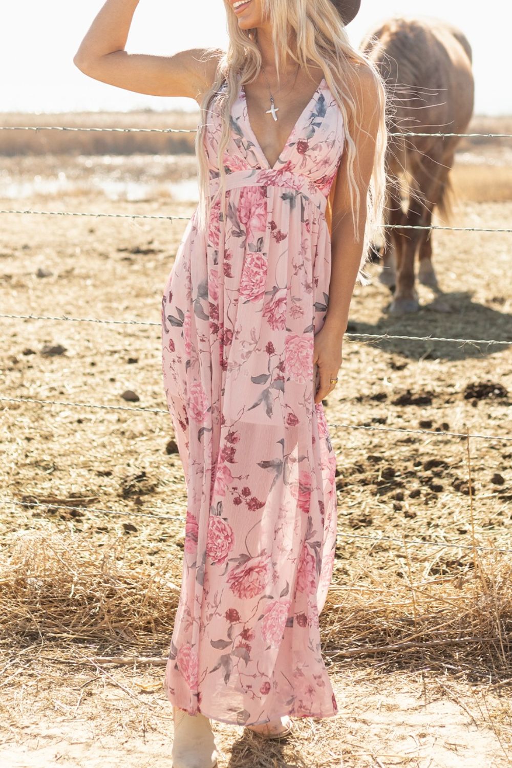 Floral Pleated Deep V Backless Maxi Dress - The Goddess Galleries