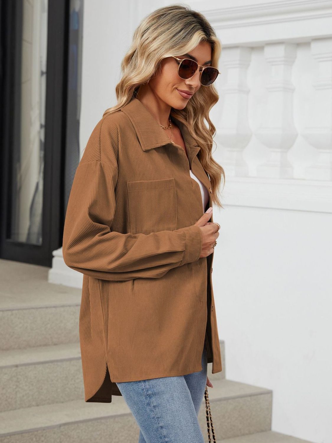 Button Up Long Sleeve Shirt with Breast Pockets - The Goddess Galleries
