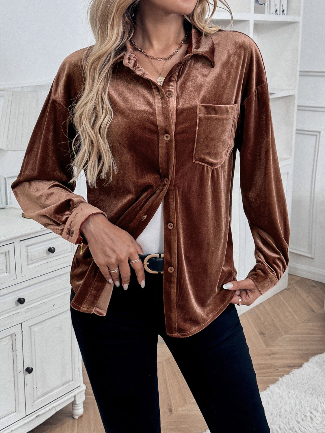 Perfee Button Up Long Sleeve Shirt - The Goddess Galleries