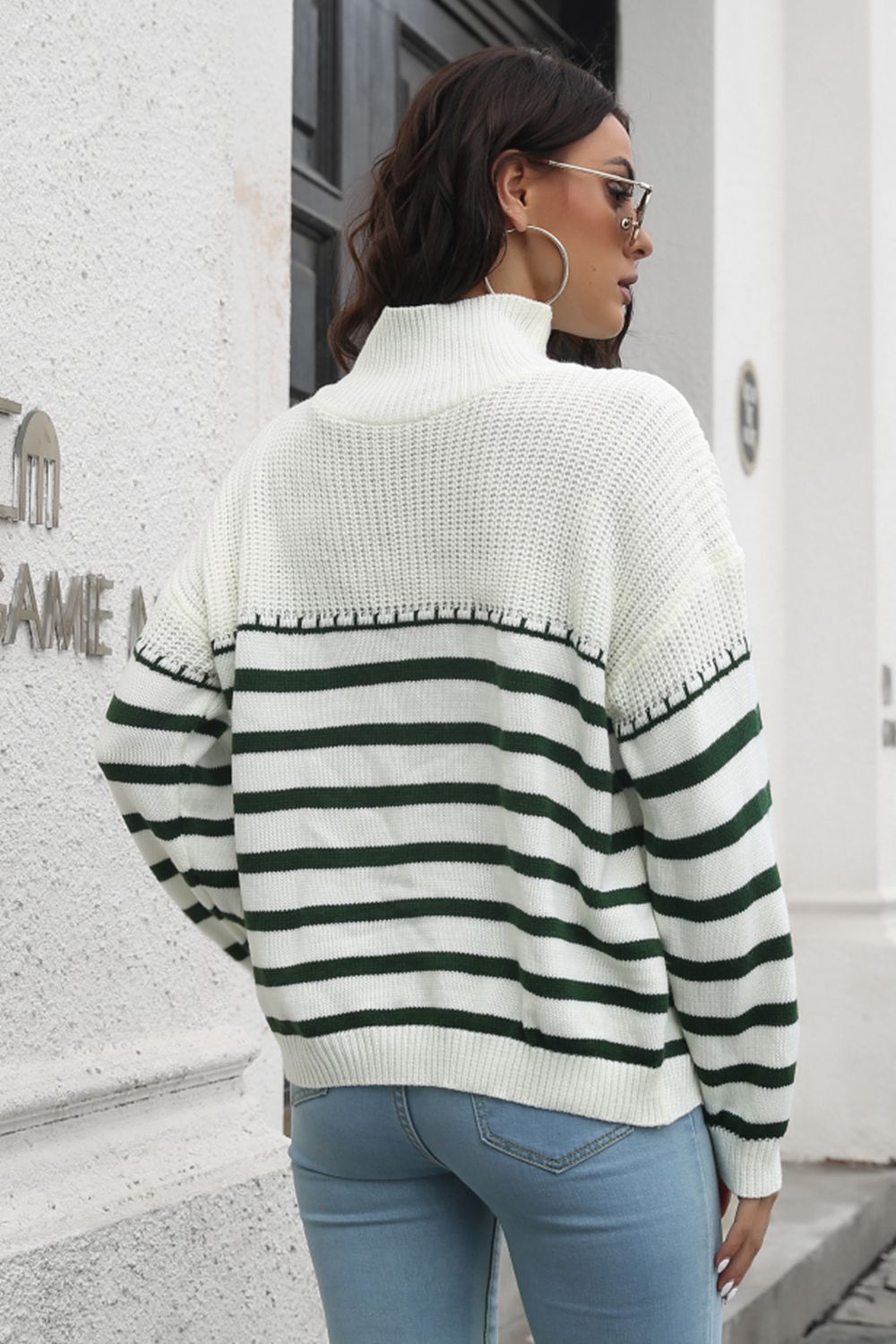 Striped Turtleneck Drop Shoulder Sweater - The Goddess Galleries