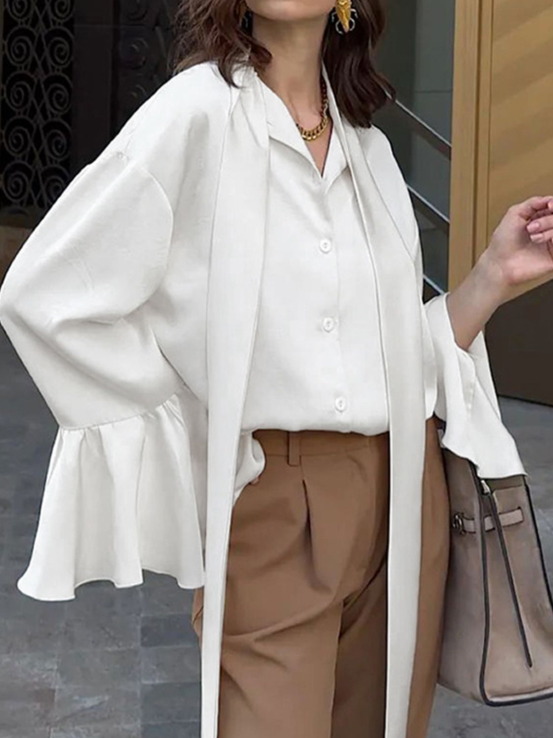 Button Down Flounce Sleeve Shirt - The Goddess Galleries