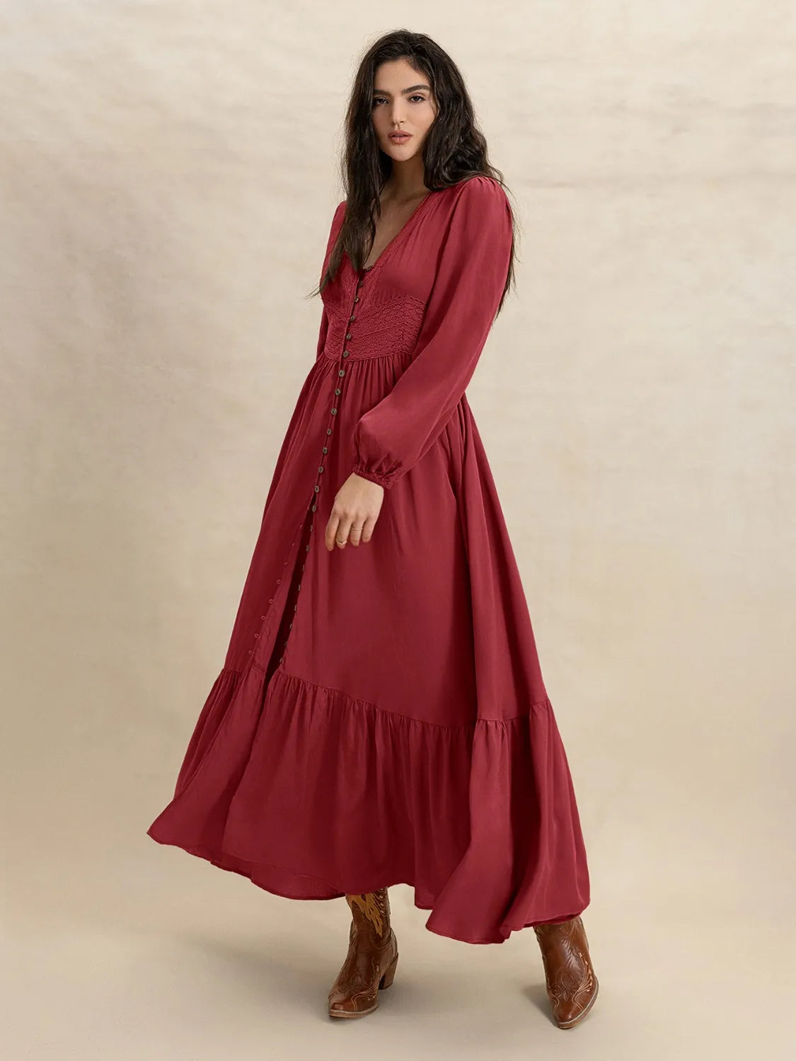 V-Neck Balloon Sleeve Ruffled Hem Maxi Dress - The Goddess Galleries