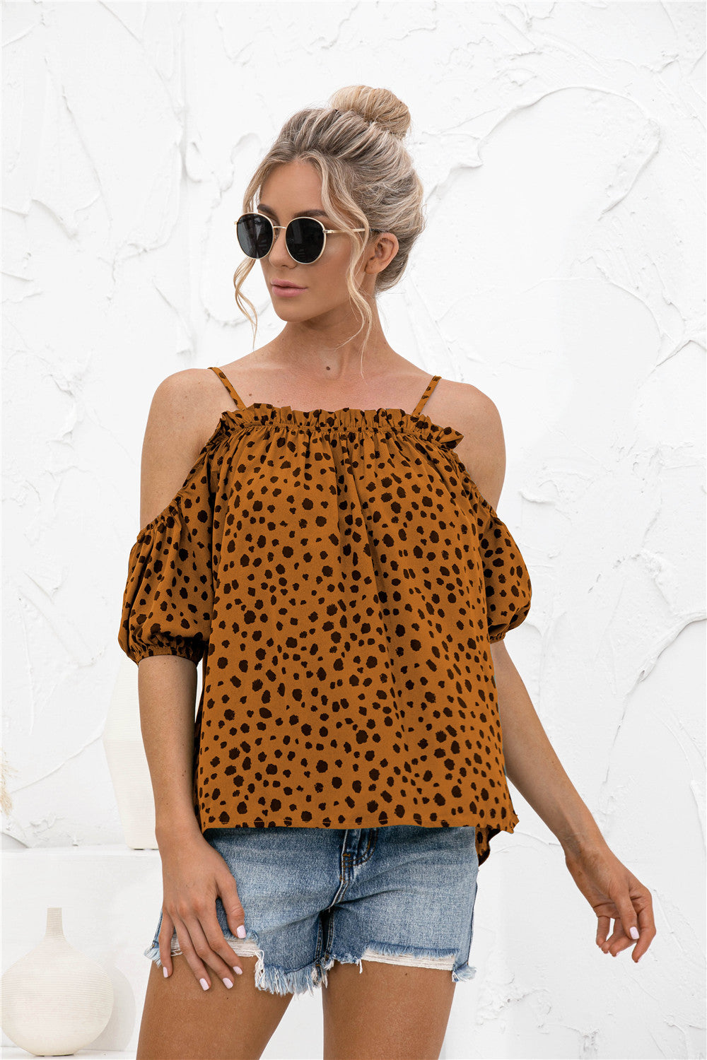 Printed Cold-Shoulder Frill Trim Blouse - The Goddess Galleries
