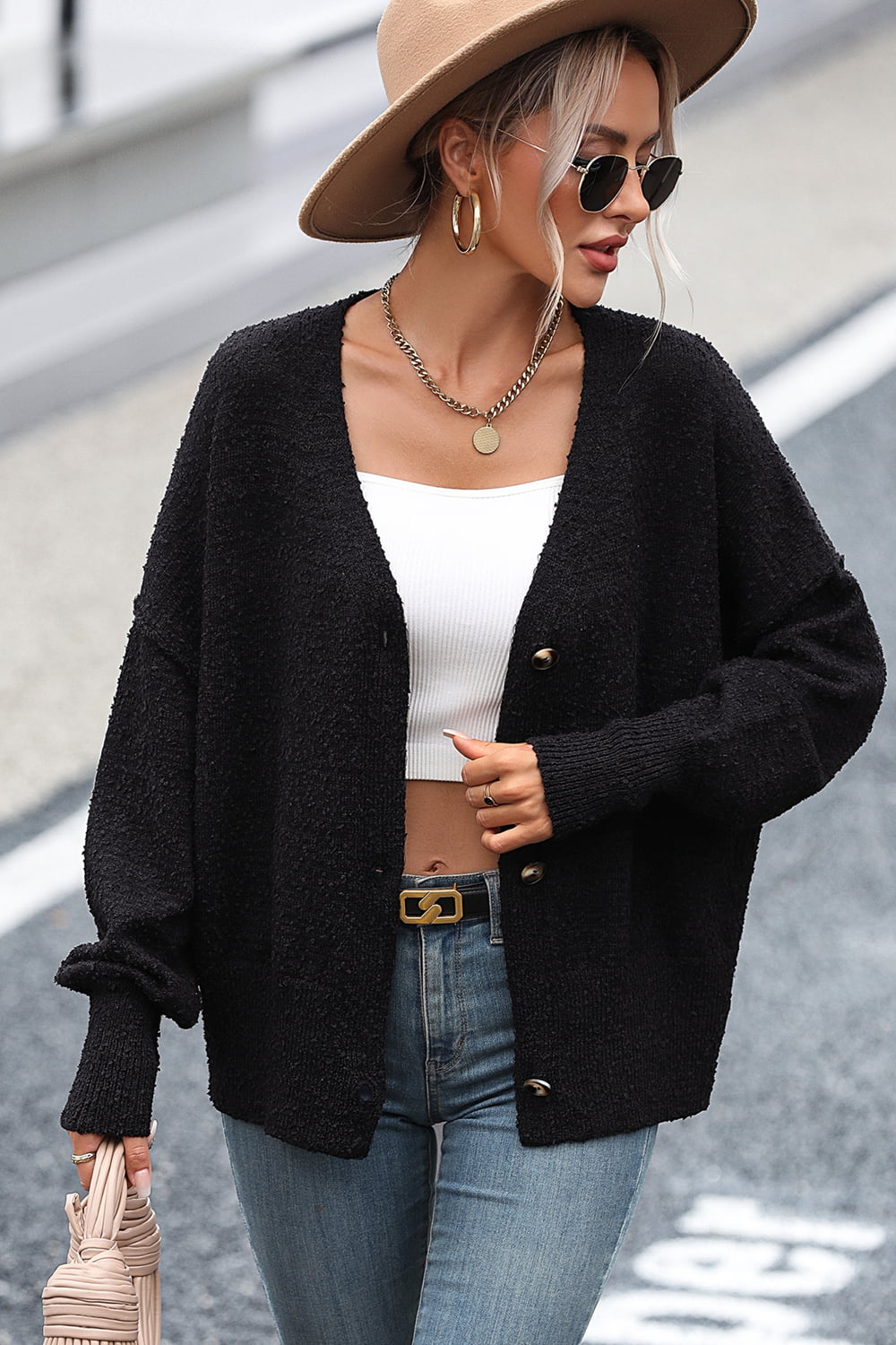 Button-Up Dropped Shoulder Cardigan - The Goddess Galleries