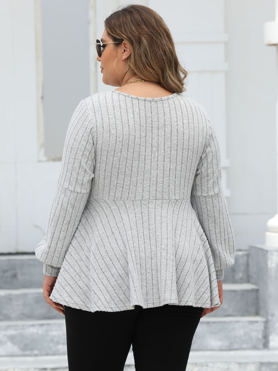 Plus Size Ribbed V-Neck Long Sleeve Blouse - The Goddess Galleries