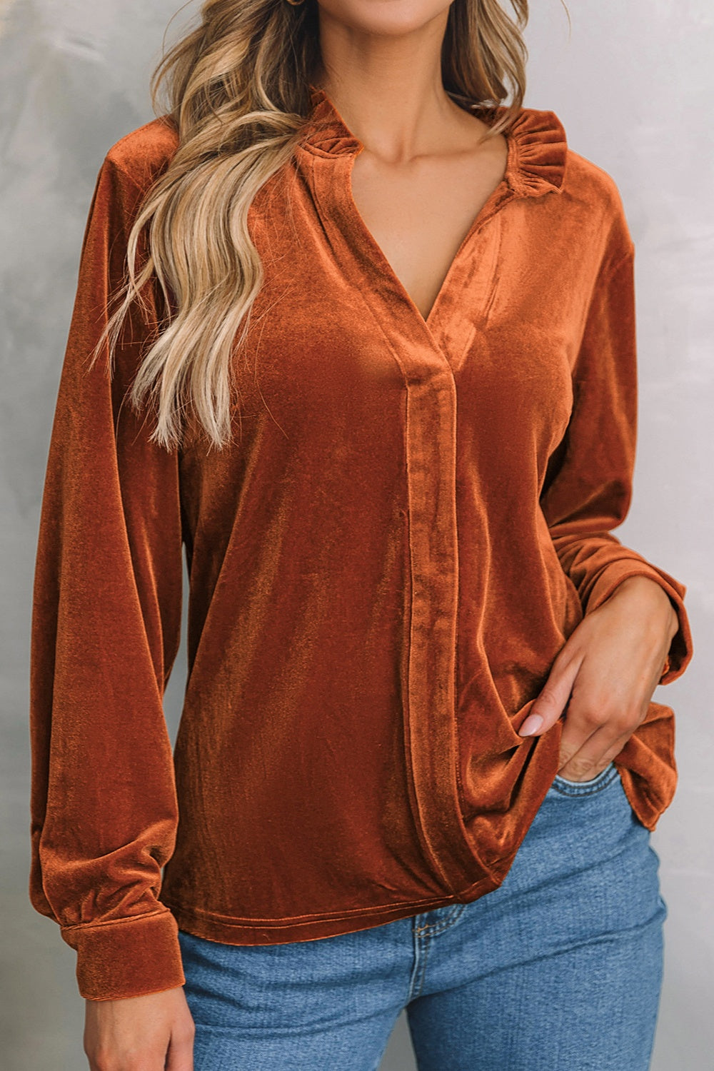 Notched Frill Detail Long Sleeve Blouse - The Goddess Galleries