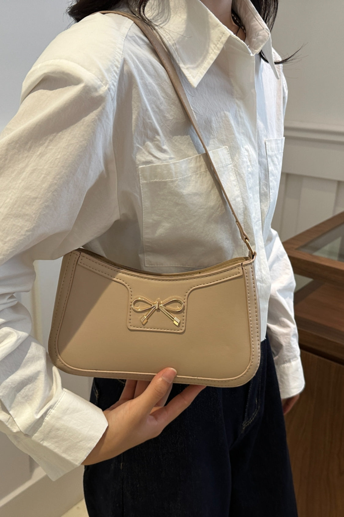 Bow Trim PU Leather Shoulder Bag - The Goddess Galleries