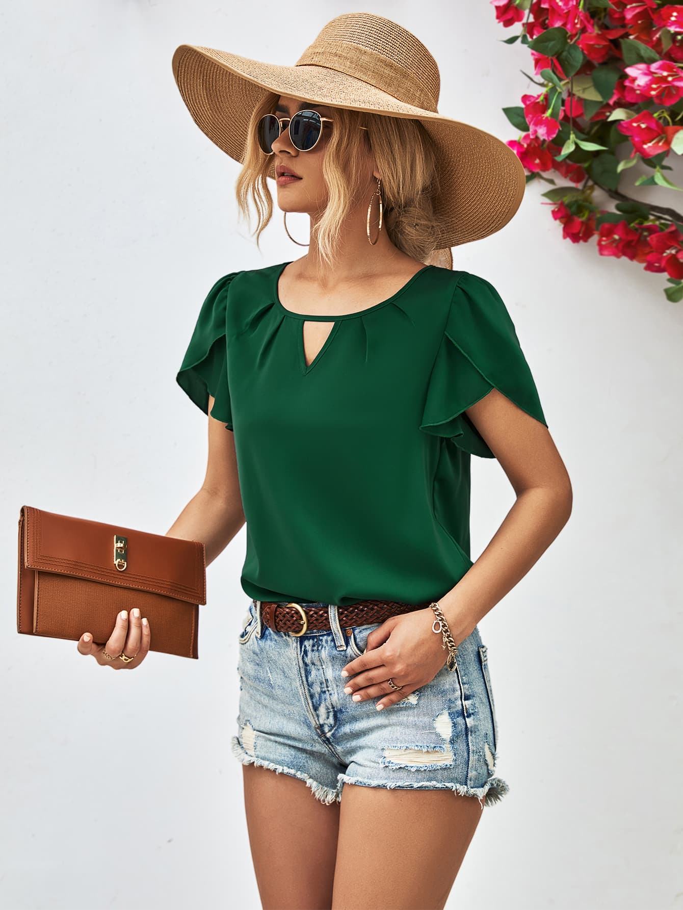 Cutout Round Neck Petal Sleeve Blouse - The Goddess Galleries