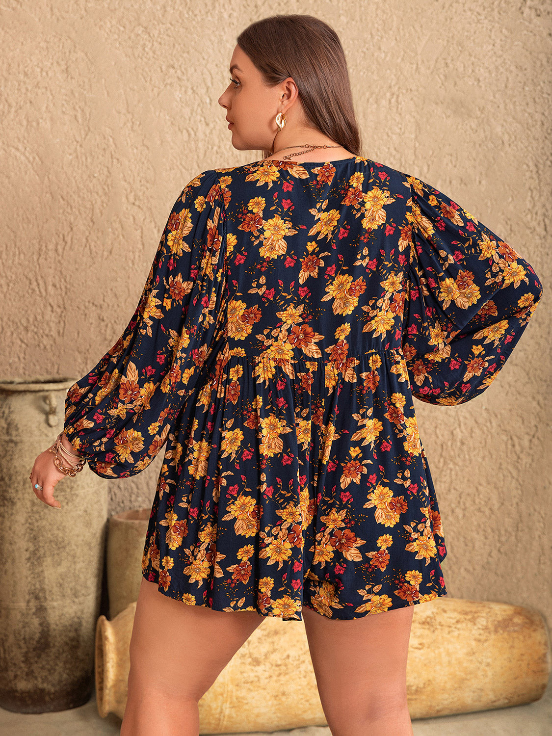 Plus Size Floral Tie Neck Balloon Sleeve Romper - The Goddess Galleries