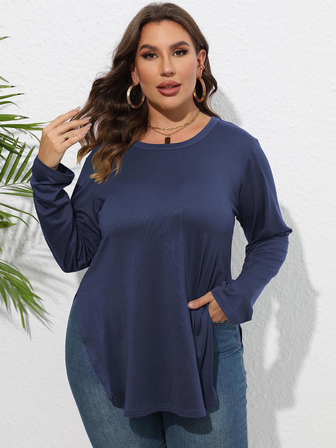 Plus Size Round Neck Long Sleeve Slit T-Shirt - The Goddess Galleries